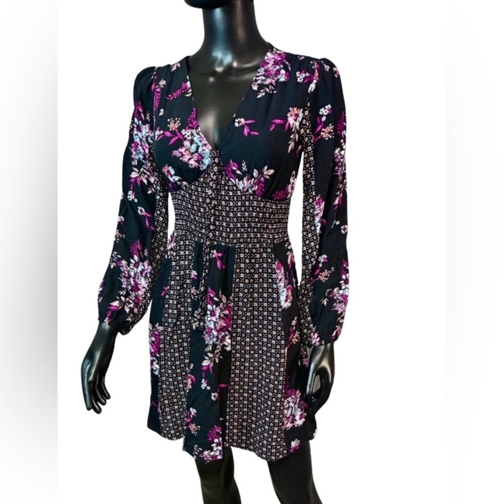 SO Black and Purple Floral Long Sleeve Dress